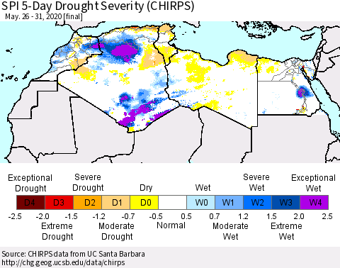 North Africa SPI 5-Day Drought Severity (CHIRPS) Thematic Map For 5/26/2020 - 5/31/2020