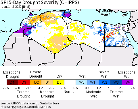 North Africa SPI 5-Day Drought Severity (CHIRPS) Thematic Map For 6/1/2020 - 6/5/2020