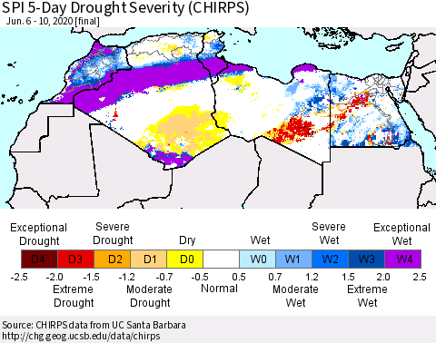 North Africa SPI 5-Day Drought Severity (CHIRPS) Thematic Map For 6/6/2020 - 6/10/2020