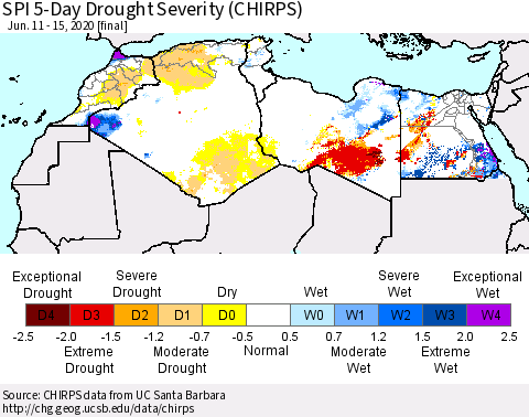 North Africa SPI 5-Day Drought Severity (CHIRPS) Thematic Map For 6/11/2020 - 6/15/2020