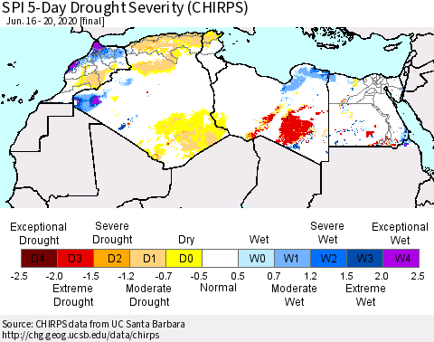 North Africa SPI 5-Day Drought Severity (CHIRPS) Thematic Map For 6/16/2020 - 6/20/2020