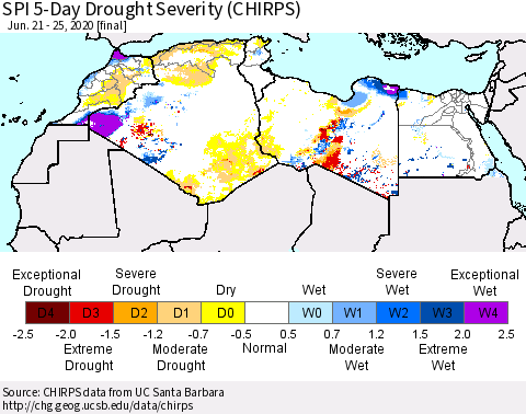 North Africa SPI 5-Day Drought Severity (CHIRPS) Thematic Map For 6/21/2020 - 6/25/2020