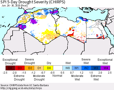 North Africa SPI 5-Day Drought Severity (CHIRPS) Thematic Map For 6/26/2020 - 6/30/2020