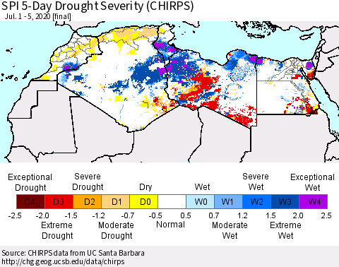 North Africa SPI 5-Day Drought Severity (CHIRPS) Thematic Map For 7/1/2020 - 7/5/2020