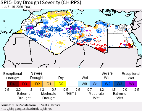North Africa SPI 5-Day Drought Severity (CHIRPS) Thematic Map For 7/6/2020 - 7/10/2020