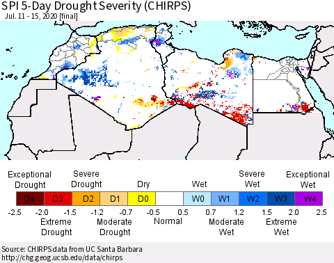 North Africa SPI 5-Day Drought Severity (CHIRPS) Thematic Map For 7/11/2020 - 7/15/2020