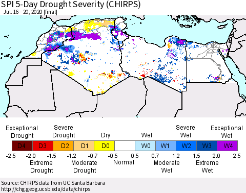 North Africa SPI 5-Day Drought Severity (CHIRPS) Thematic Map For 7/16/2020 - 7/20/2020