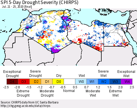 North Africa SPI 5-Day Drought Severity (CHIRPS) Thematic Map For 7/21/2020 - 7/25/2020