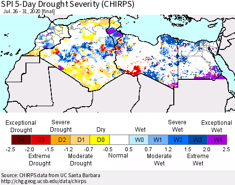 North Africa SPI 5-Day Drought Severity (CHIRPS) Thematic Map For 7/26/2020 - 7/31/2020