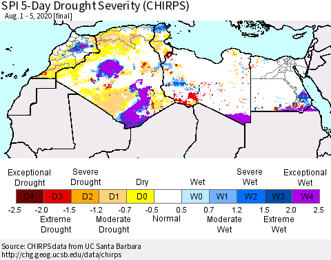 North Africa SPI 5-Day Drought Severity (CHIRPS) Thematic Map For 8/1/2020 - 8/5/2020