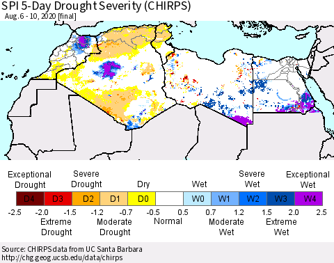 North Africa SPI 5-Day Drought Severity (CHIRPS) Thematic Map For 8/6/2020 - 8/10/2020