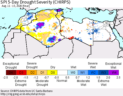North Africa SPI 5-Day Drought Severity (CHIRPS) Thematic Map For 8/11/2020 - 8/15/2020