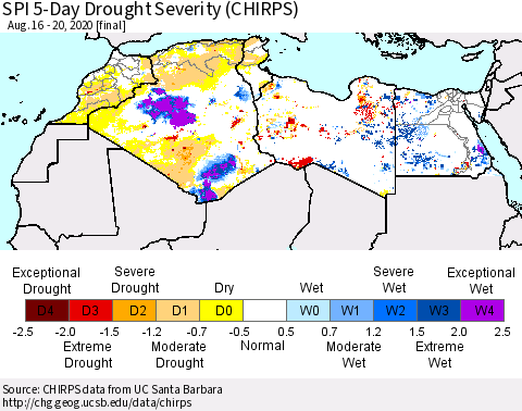 North Africa SPI 5-Day Drought Severity (CHIRPS) Thematic Map For 8/16/2020 - 8/20/2020