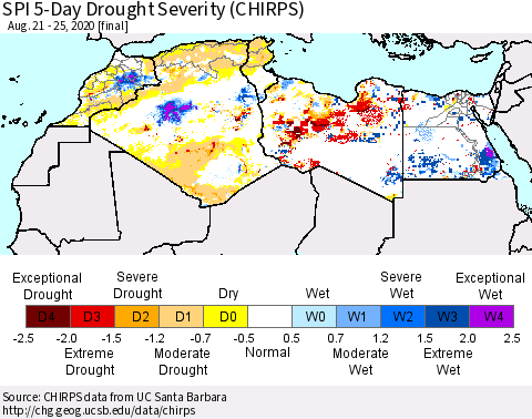 North Africa SPI 5-Day Drought Severity (CHIRPS) Thematic Map For 8/21/2020 - 8/25/2020