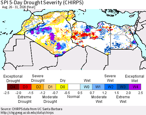 North Africa SPI 5-Day Drought Severity (CHIRPS) Thematic Map For 8/26/2020 - 8/31/2020