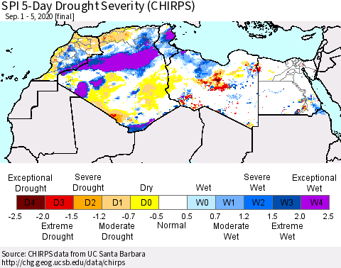 North Africa SPI 5-Day Drought Severity (CHIRPS) Thematic Map For 9/1/2020 - 9/5/2020