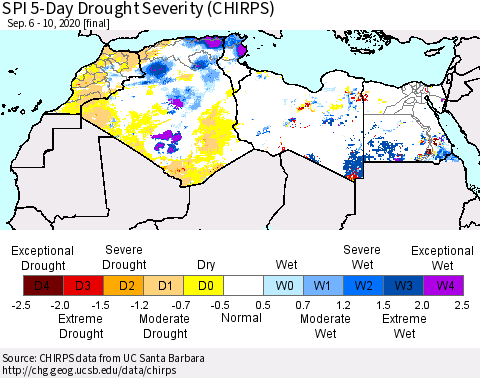 North Africa SPI 5-Day Drought Severity (CHIRPS) Thematic Map For 9/6/2020 - 9/10/2020