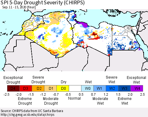 North Africa SPI 5-Day Drought Severity (CHIRPS) Thematic Map For 9/11/2020 - 9/15/2020