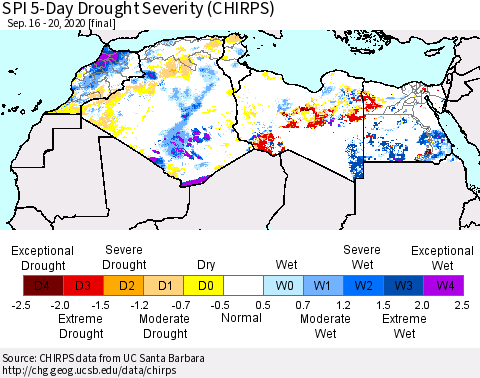 North Africa SPI 5-Day Drought Severity (CHIRPS) Thematic Map For 9/16/2020 - 9/20/2020