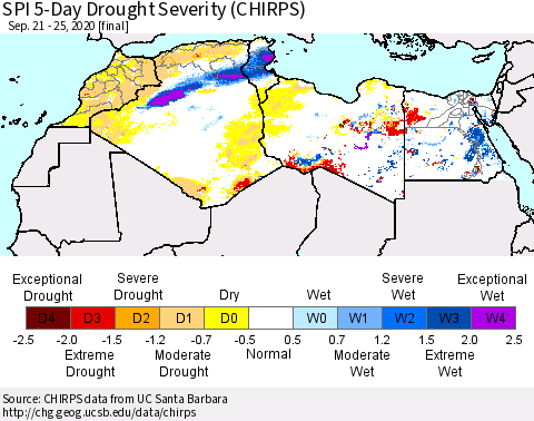 North Africa SPI 5-Day Drought Severity (CHIRPS) Thematic Map For 9/21/2020 - 9/25/2020