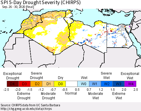 North Africa SPI 5-Day Drought Severity (CHIRPS) Thematic Map For 9/26/2020 - 9/30/2020