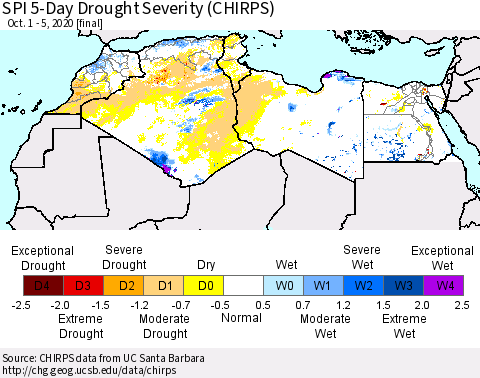North Africa SPI 5-Day Drought Severity (CHIRPS) Thematic Map For 10/1/2020 - 10/5/2020