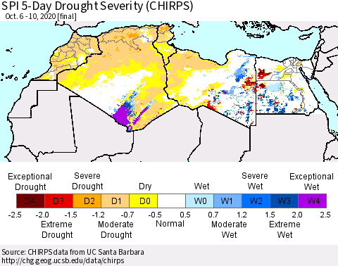 North Africa SPI 5-Day Drought Severity (CHIRPS) Thematic Map For 10/6/2020 - 10/10/2020