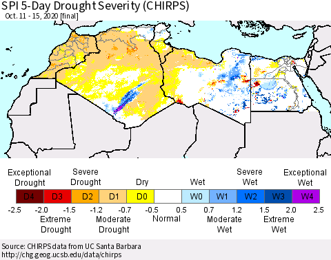 North Africa SPI 5-Day Drought Severity (CHIRPS) Thematic Map For 10/11/2020 - 10/15/2020