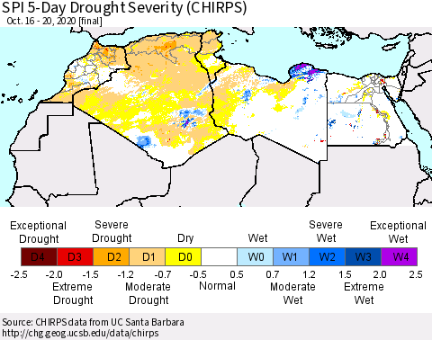 North Africa SPI 5-Day Drought Severity (CHIRPS) Thematic Map For 10/16/2020 - 10/20/2020