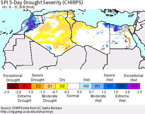 North Africa SPI 5-Day Drought Severity (CHIRPS) Thematic Map For 10/21/2020 - 10/25/2020