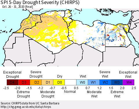 North Africa SPI 5-Day Drought Severity (CHIRPS) Thematic Map For 10/26/2020 - 10/31/2020