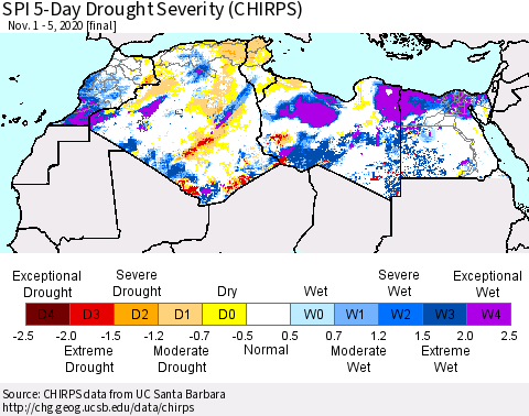 North Africa SPI 5-Day Drought Severity (CHIRPS) Thematic Map For 11/1/2020 - 11/5/2020