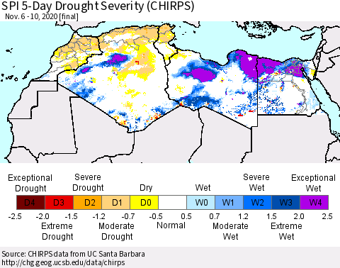 North Africa SPI 5-Day Drought Severity (CHIRPS) Thematic Map For 11/6/2020 - 11/10/2020