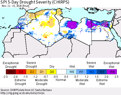 North Africa SPI 5-Day Drought Severity (CHIRPS) Thematic Map For 11/11/2020 - 11/15/2020