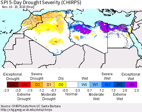 North Africa SPI 5-Day Drought Severity (CHIRPS) Thematic Map For 11/16/2020 - 11/20/2020