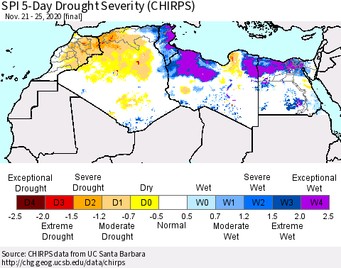 North Africa SPI 5-Day Drought Severity (CHIRPS) Thematic Map For 11/21/2020 - 11/25/2020