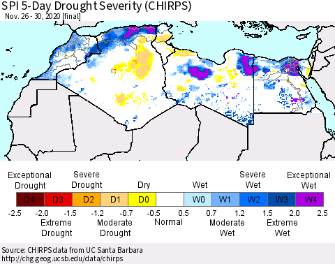 North Africa SPI 5-Day Drought Severity (CHIRPS) Thematic Map For 11/26/2020 - 11/30/2020