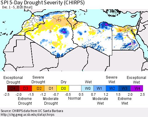 North Africa SPI 5-Day Drought Severity (CHIRPS) Thematic Map For 12/1/2020 - 12/5/2020