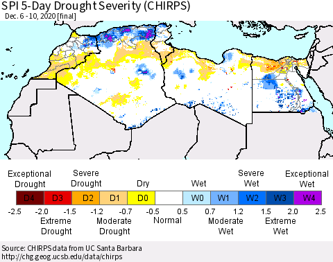 North Africa SPI 5-Day Drought Severity (CHIRPS) Thematic Map For 12/6/2020 - 12/10/2020