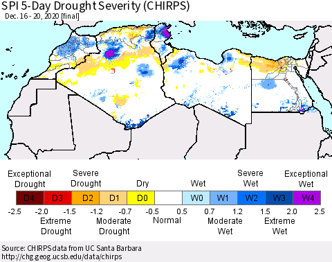 North Africa SPI 5-Day Drought Severity (CHIRPS) Thematic Map For 12/16/2020 - 12/20/2020