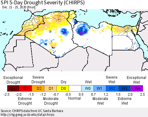 North Africa SPI 5-Day Drought Severity (CHIRPS) Thematic Map For 12/21/2020 - 12/25/2020