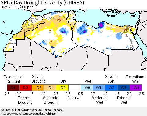 North Africa SPI 5-Day Drought Severity (CHIRPS) Thematic Map For 12/26/2020 - 12/31/2020