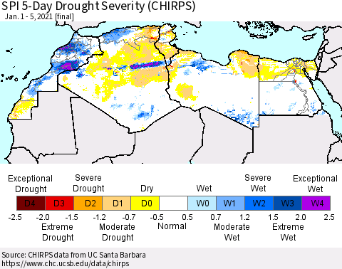 North Africa SPI 5-Day Drought Severity (CHIRPS) Thematic Map For 1/1/2021 - 1/5/2021