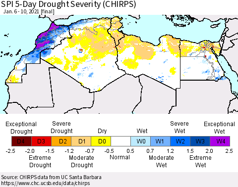 North Africa SPI 5-Day Drought Severity (CHIRPS) Thematic Map For 1/6/2021 - 1/10/2021