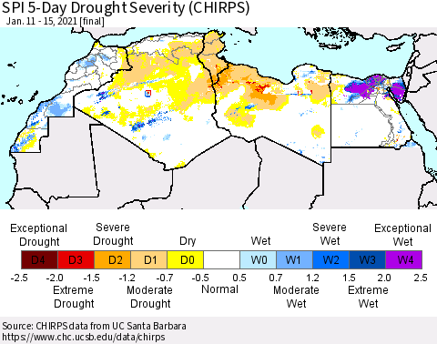 North Africa SPI 5-Day Drought Severity (CHIRPS) Thematic Map For 1/11/2021 - 1/15/2021