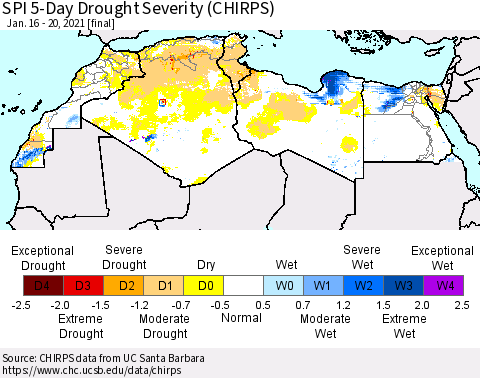 North Africa SPI 5-Day Drought Severity (CHIRPS) Thematic Map For 1/16/2021 - 1/20/2021