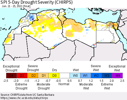 North Africa SPI 5-Day Drought Severity (CHIRPS) Thematic Map For 1/21/2021 - 1/25/2021