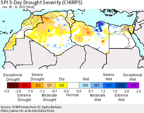 North Africa SPI 5-Day Drought Severity (CHIRPS) Thematic Map For 1/26/2021 - 1/31/2021
