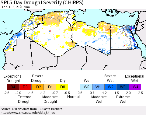 North Africa SPI 5-Day Drought Severity (CHIRPS) Thematic Map For 2/1/2021 - 2/5/2021