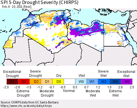 North Africa SPI 5-Day Drought Severity (CHIRPS) Thematic Map For 2/6/2021 - 2/10/2021